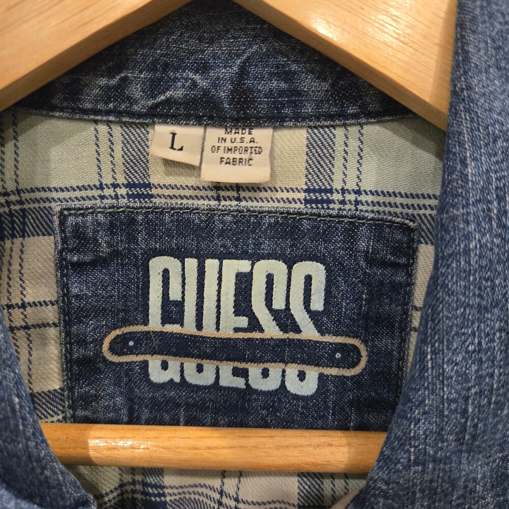 GUESS Vintage 90s Cropped Plaid Denim Pearl Snap Zip Top - Picture 5 of 11